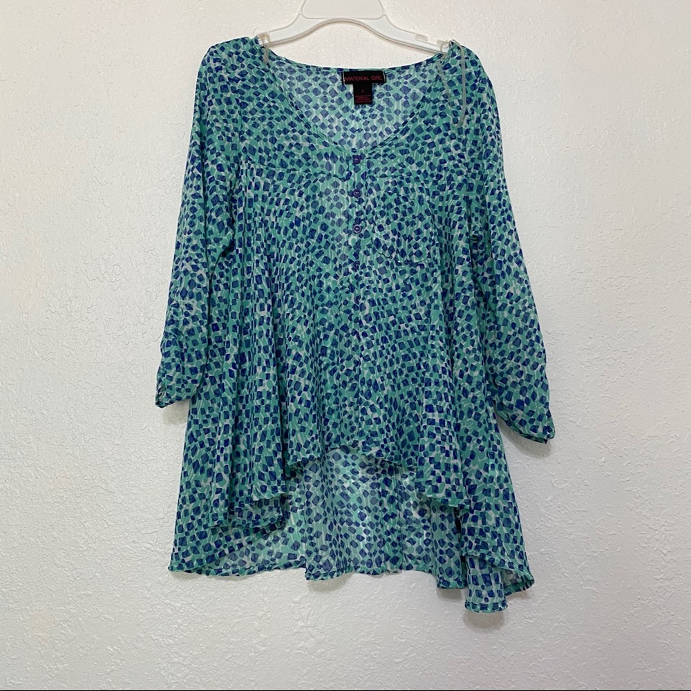 Blue and teal see-through shirt.